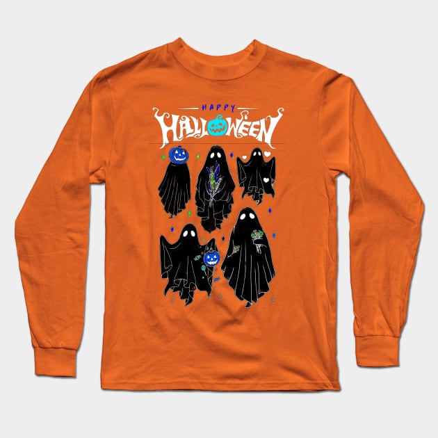 Ghostly Gathering: Cute Spirits Celebrate Halloween with Joy Long Sleeve T-Shirt by FortySeven47_Custom_Designs